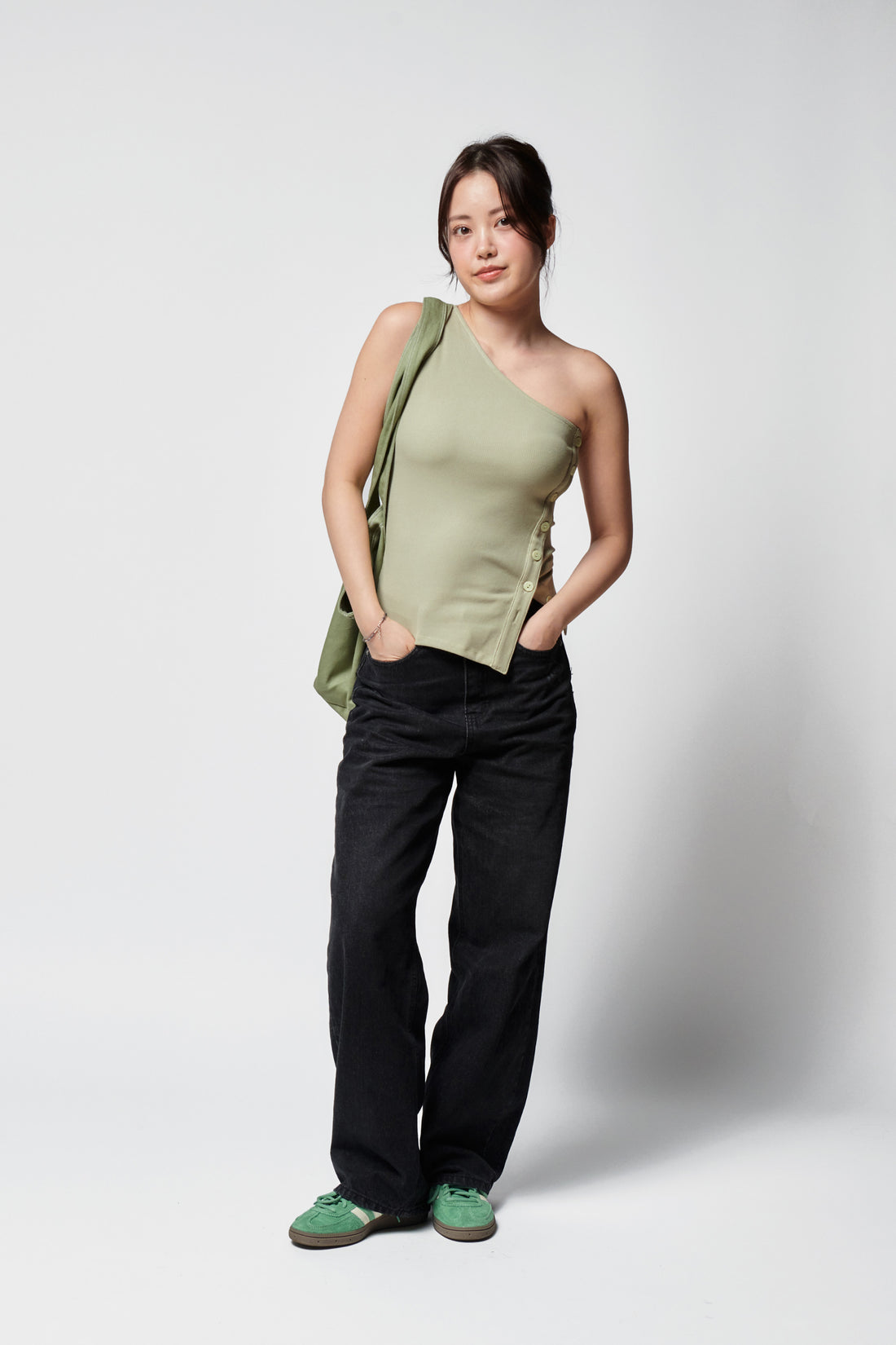 Kaia One Shoulder Tank + Green - Little Puffy