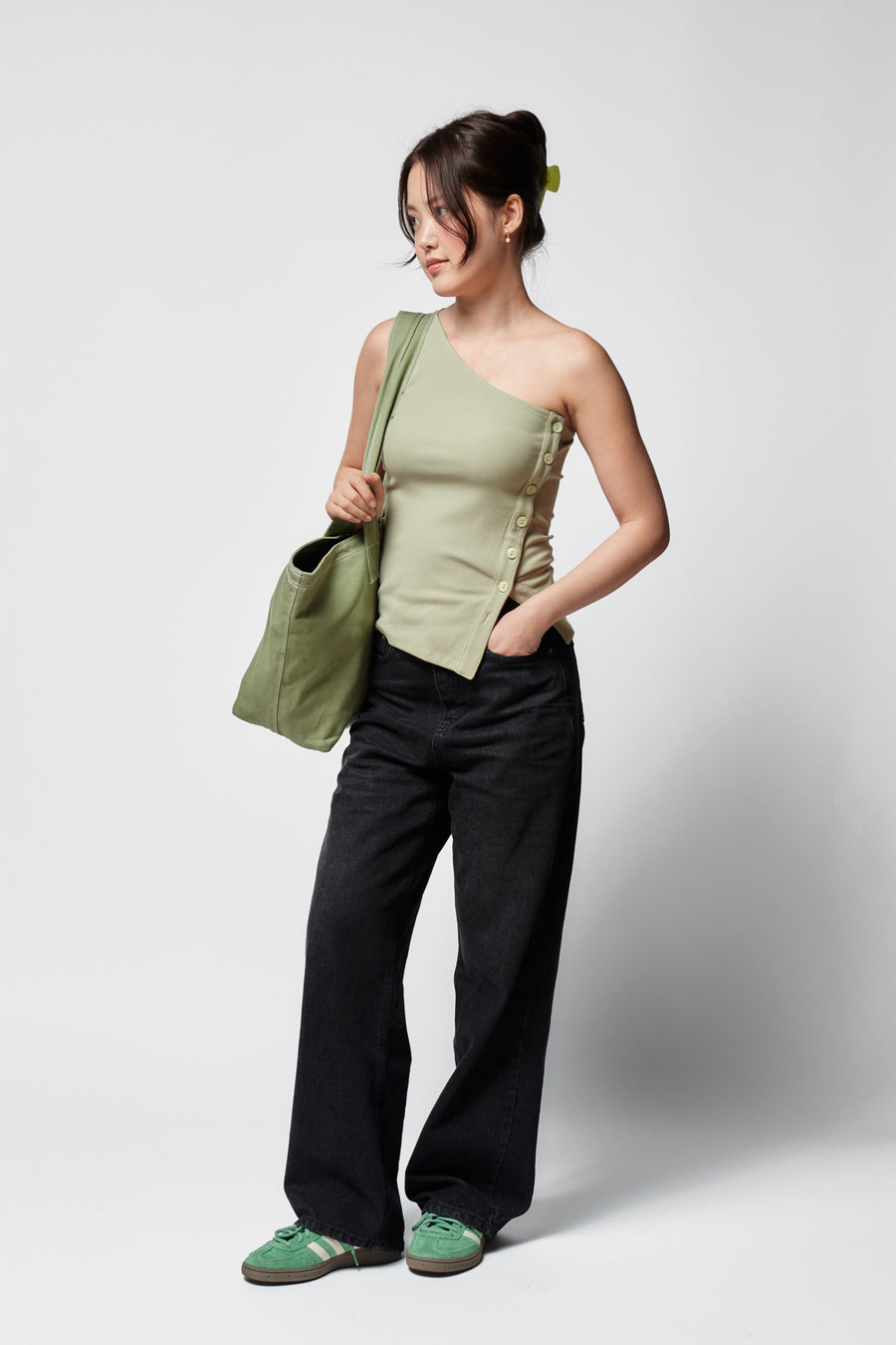 Kaia One Shoulder Tank + Green - Little Puffy