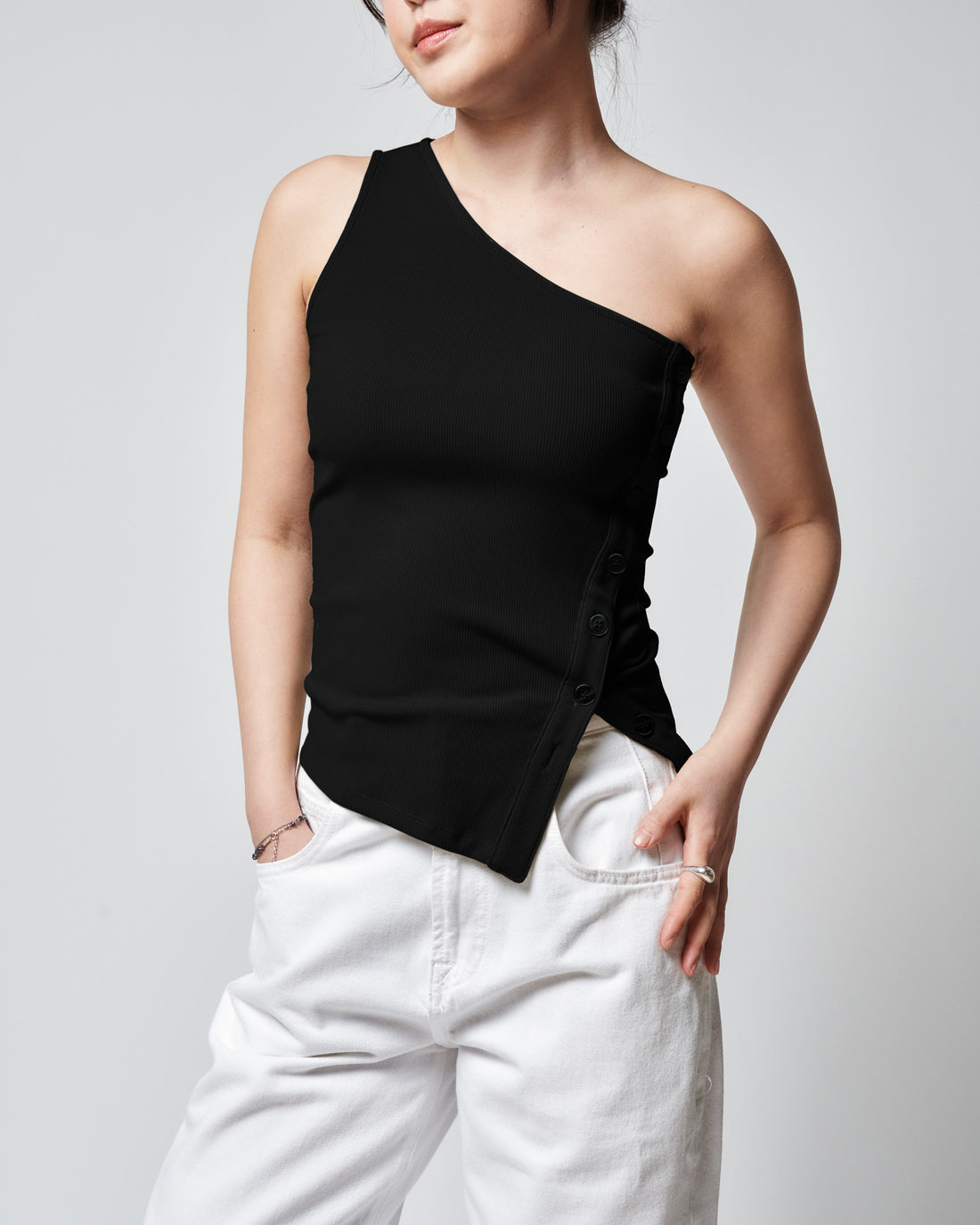 Kaia One Shoulder Tank + Black - Little Puffy