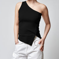 Kaia One Shoulder Tank + Black - Little Puffy